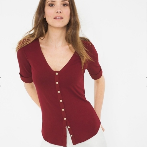 creamy white fluid good quality v neck button front tab sleeve, professional top - Picture 2 of 16